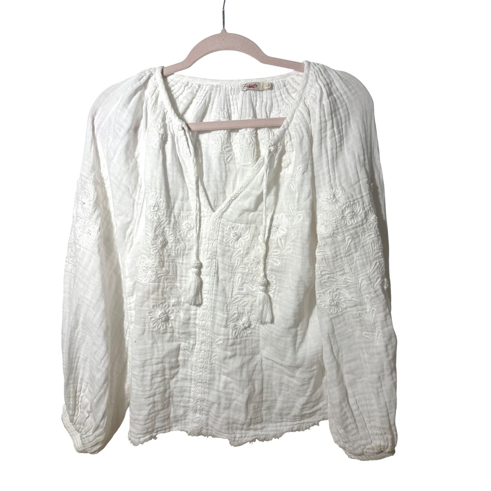 Faherty White Organic Cotton Blossom Embroidered Peasant Blouse Size L